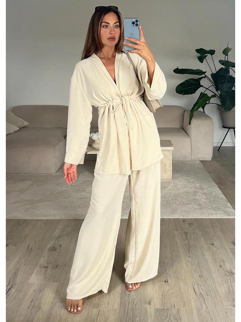 European & American 2025 Casual Tie-Up Top with Long Sleeve and Comfortable Long Pants Set