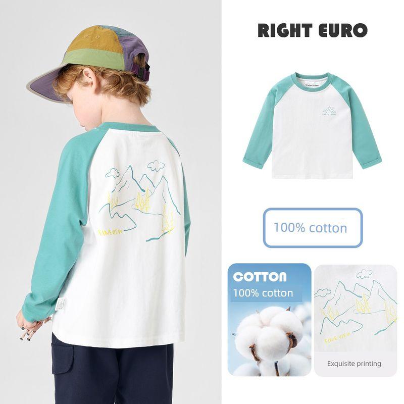 Right European Style Boys  T-Shirt, Autumn Long-Sleeve Clothing, 25 New Autumn Models, Children s Clothing, Toddler Autumn Style, Boys  Base Shirt Top Green Sleeves on White Background 100