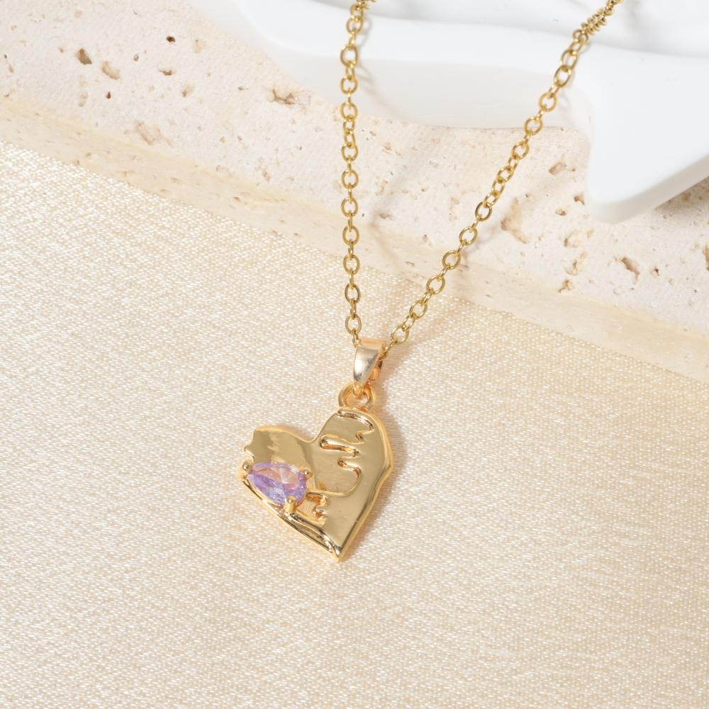 Purple Teardrop Zirconia Heart Pendant Necklace, Golden Tone Dainty Jewelry for Women