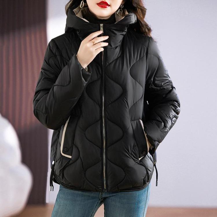 Casual Hoody met Golvend Patroon Warm Verdikt Los Buitenjas Effen Kleur Parka Jas Dames Grote Zakken