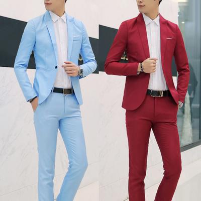2Pcs Fashion Men Solid Color Lapel Button Long Sleeve Slim Blazer Suit Pants