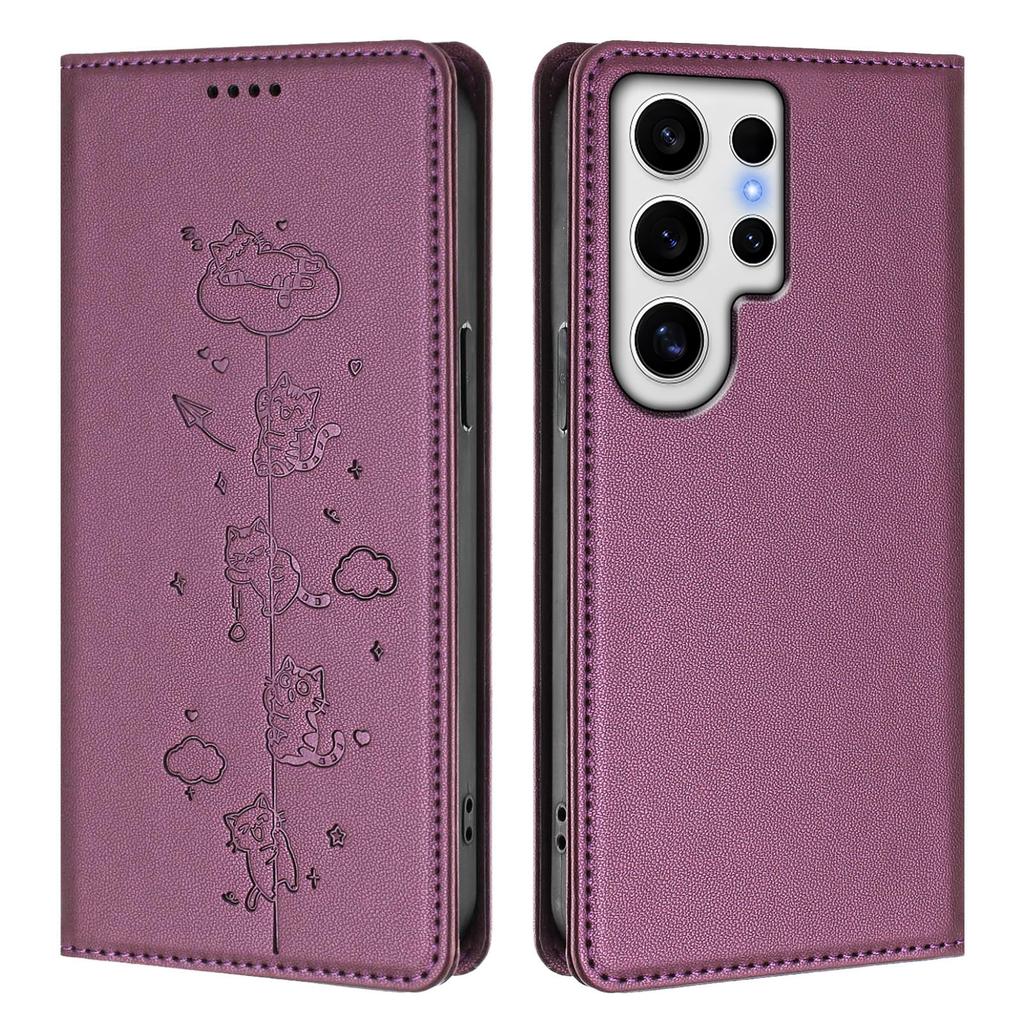 For Samsung Galaxy S24 Ultra Case RFID Blocking Wallet Stand Imprinted Cat Pattern Leather Phone Cover
