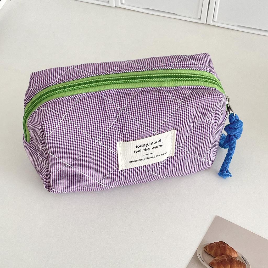 Vintage Japanese-Style Plaid Octagonal Bag - Color-Block Pencil Case & Makeup Pouch