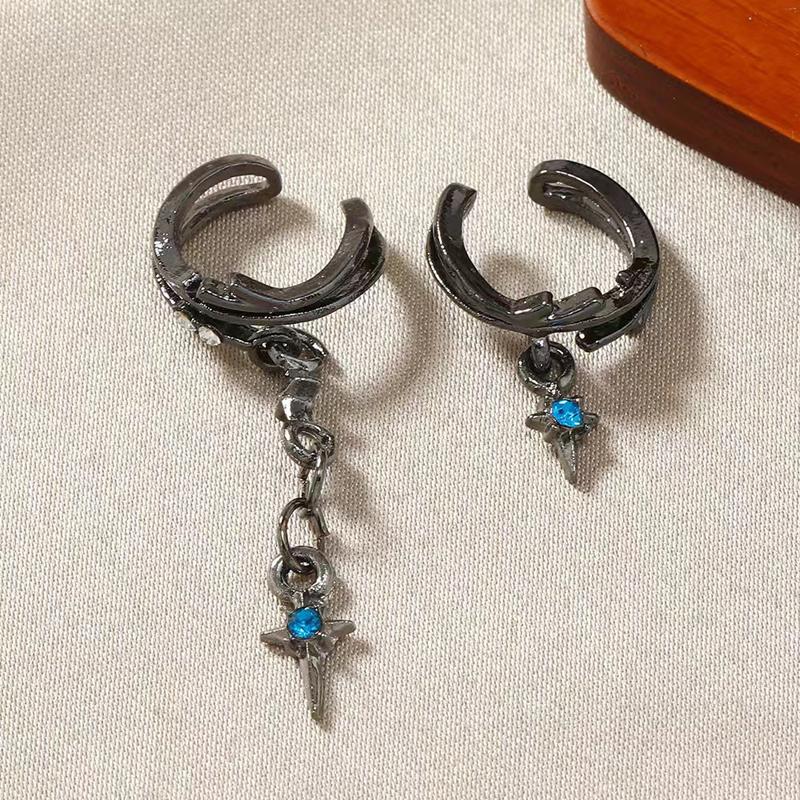 

2Pcc/Set Fake Piercing Asymmetry Ear Cuff for Women Punk Gothic Black Color Blue Zircon Hanging Earbone Clip Earrings Zircon