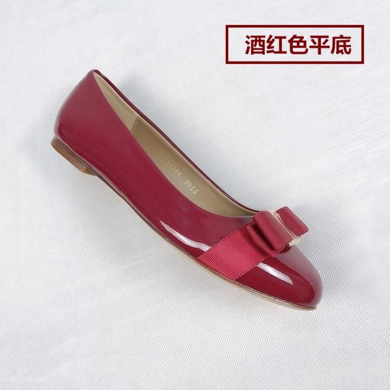 Patent leather leather single shoes bow flat bottom round head shallow mouth new red wedding shoes versatile thick heel medium heel women's shoes
