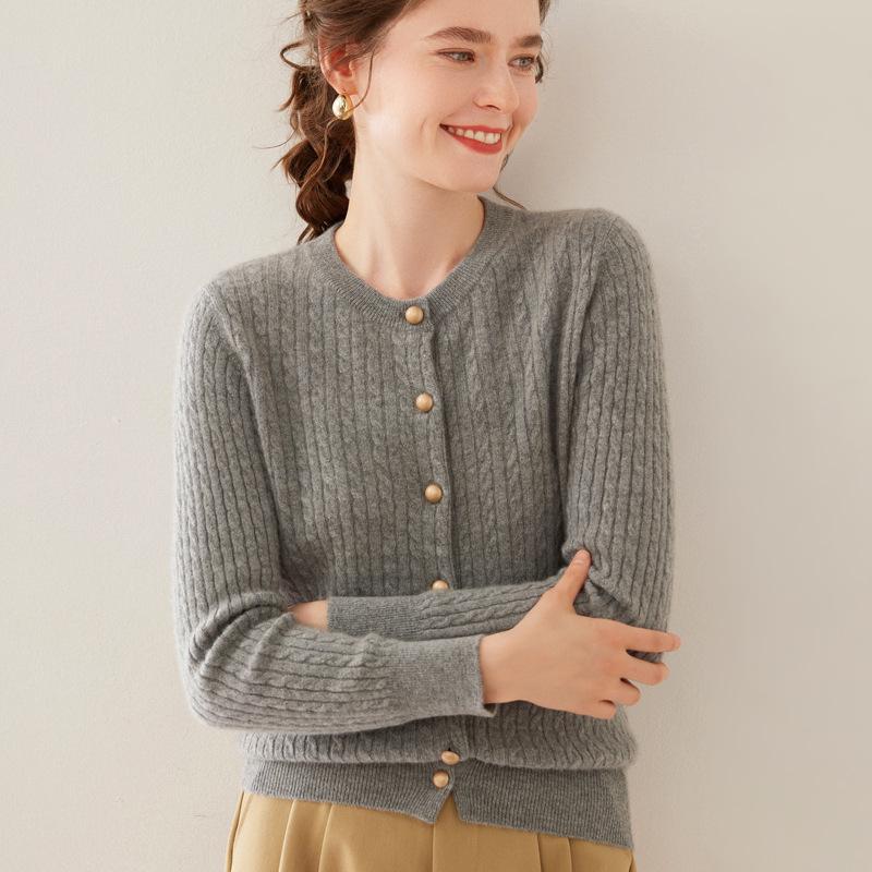Women's Cashmere Long Sleeve Round Neck Cardigan Sweater - Autumn/Winter Cable Knit Wool Outerwear