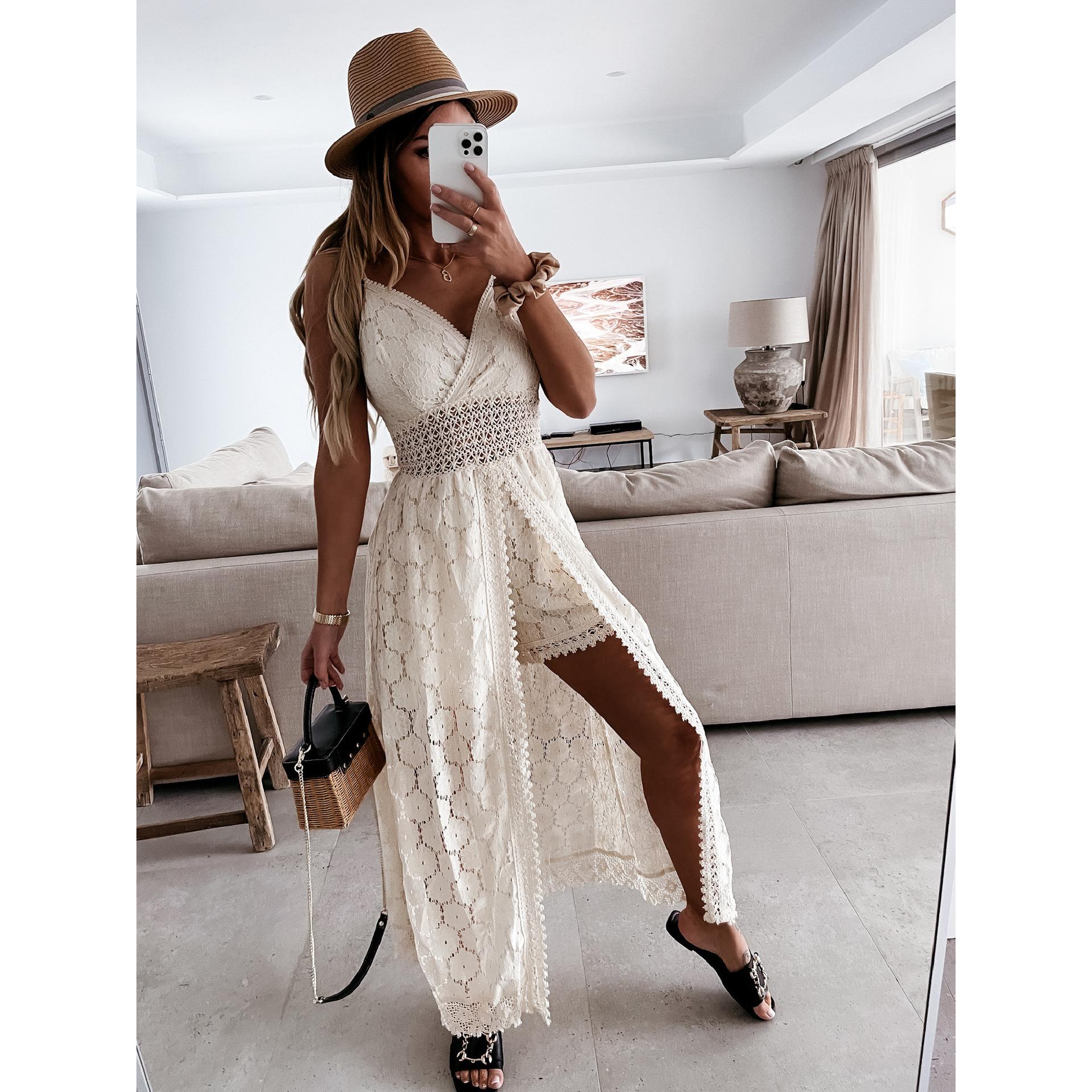 

Foreign trade new European and American sexy suspender splicing casual onesie INS home vacation hollow jumpsuit XS белый
