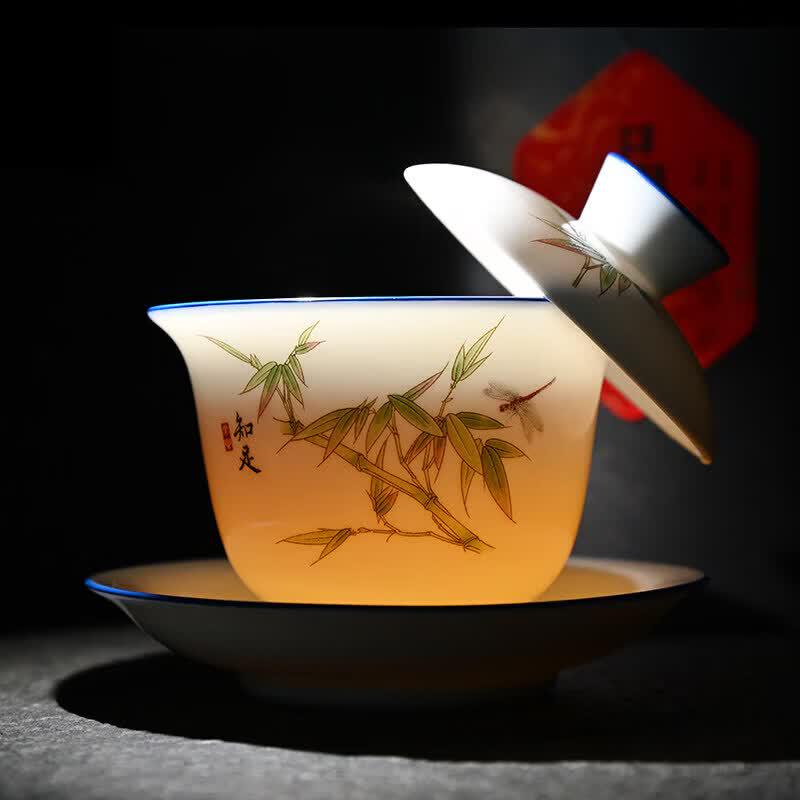 High-End Ceramic Gaiwan Tea Bowl with Rotating Lid