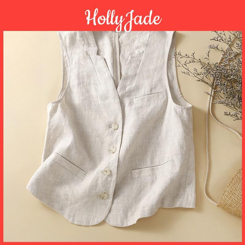 Linen Women Vintage Cotton Vest Casual Loose Vest Outerwear Single Breasted V Neck Sleeveless Vests Jackets 2024 Summer Top