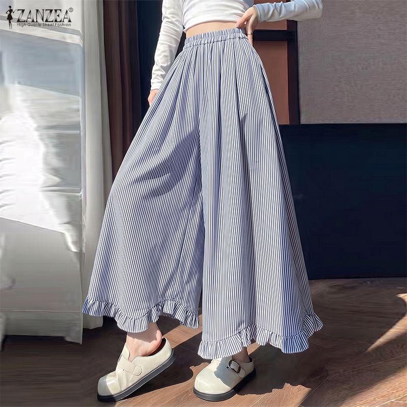 ZANZEA Women Casual Elastic Waist Loose Stripe Print Wide Leg Pants