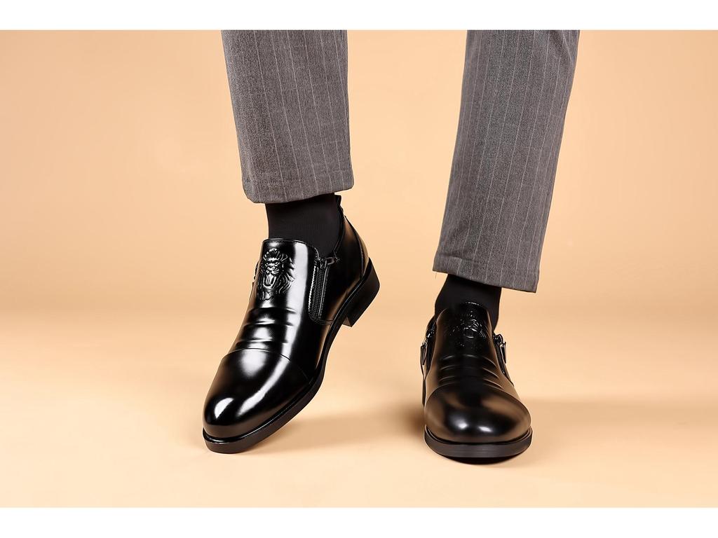 Men's Autumn/Winter Business Casual Leather Shoes with Lion Head Zipper – High & Low Top, Pointed Style