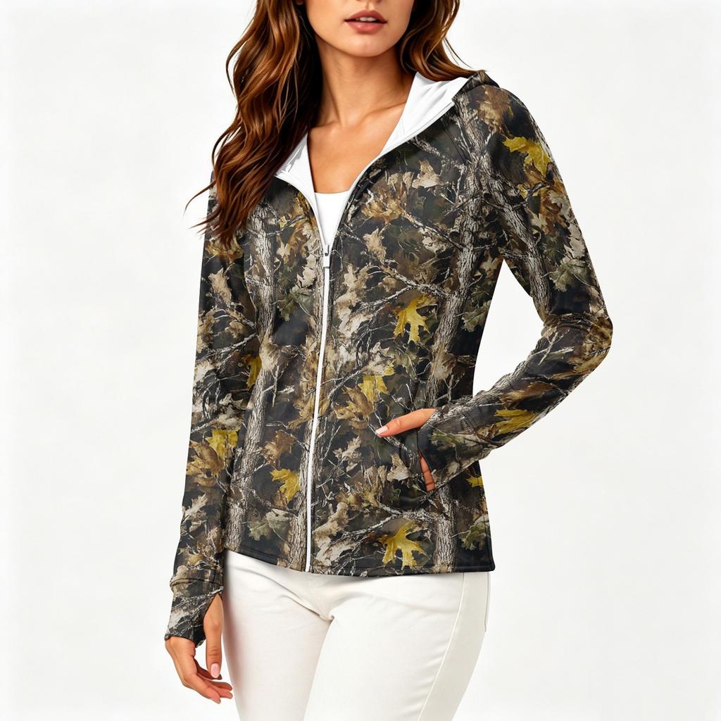 Chaqueta Ligera con Cremallera y Capucha para Mujer con Bolsillos de Manga Larga Estampada Protección Solar Ropa de Abrigo para Actividades al Aire Libre