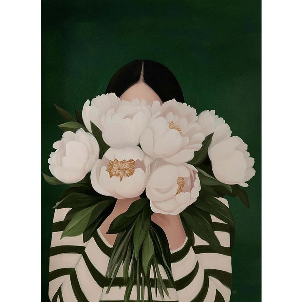 Abstraktes Frauen-Minimalismus-Poster Leinwand-Wandkunst Frau mit Blume Porträtmalerei Druck für Schlafzimmer Nordisches Mädchen Wohnkultur