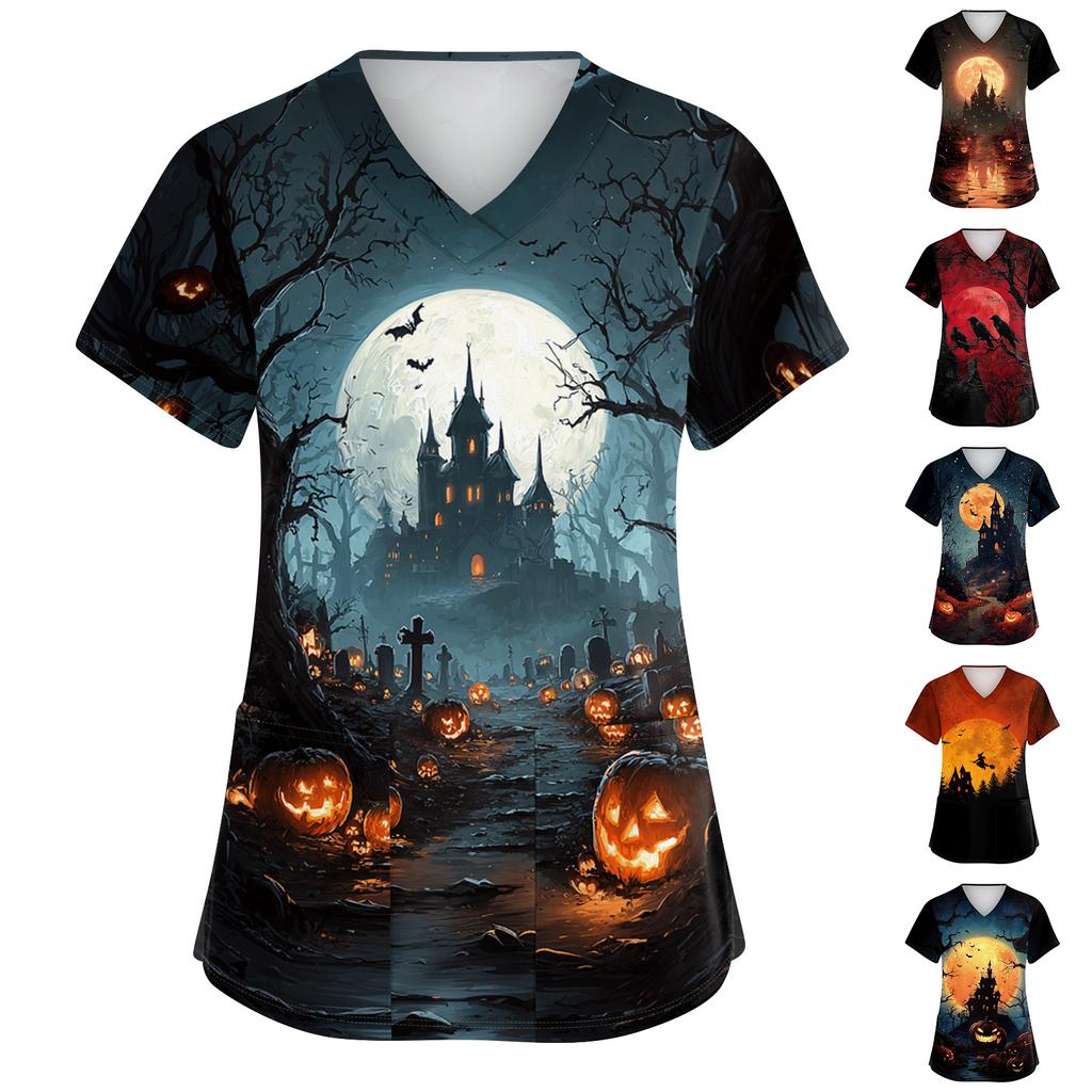 Women's V Neck Short Sleeve Work Shirt with Side Slits and Pockets Halloween Themed Printed Top Suitable for Casual and Professional Wear