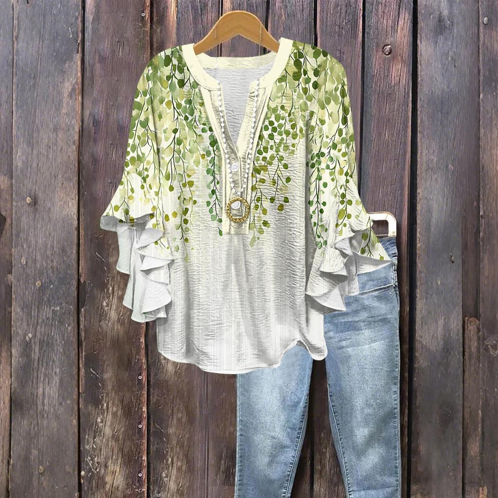 Tops For Women Cute Button V Neck 3/4 Sleeve Blouses Print Top Casual Shirts