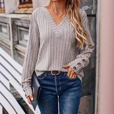 Autumn Winter V-neck Solid Color Casual Fashion Sweater Women Striped All-match Bottomed Knitting Pullover Top