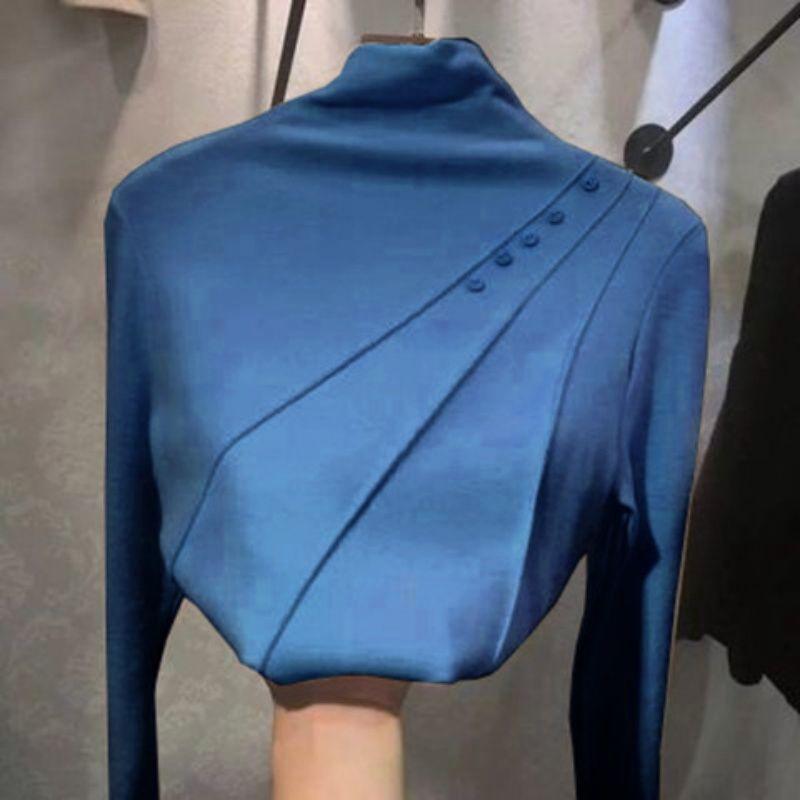 Nuovo Stile Primaverile Maglietta Calda a Collo Semi-alto Manica Lunga da Donna Stile Velluto Tedesco Vestibilità Aderente Top