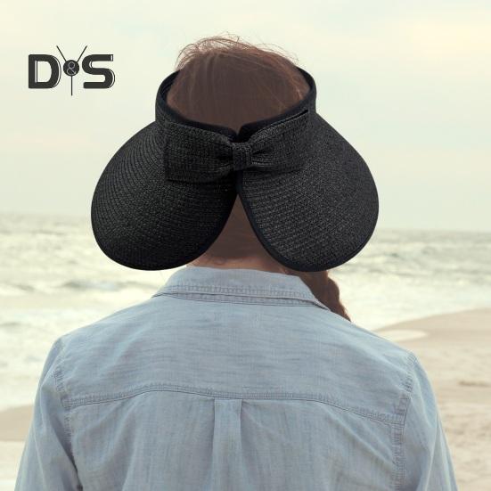 Outdoor Ladies Hat Empty Top Foldable Large Brim Bow Decor Sun Protection Anti-UV Beach Straw Cap Gardening Fishing Travel Hat