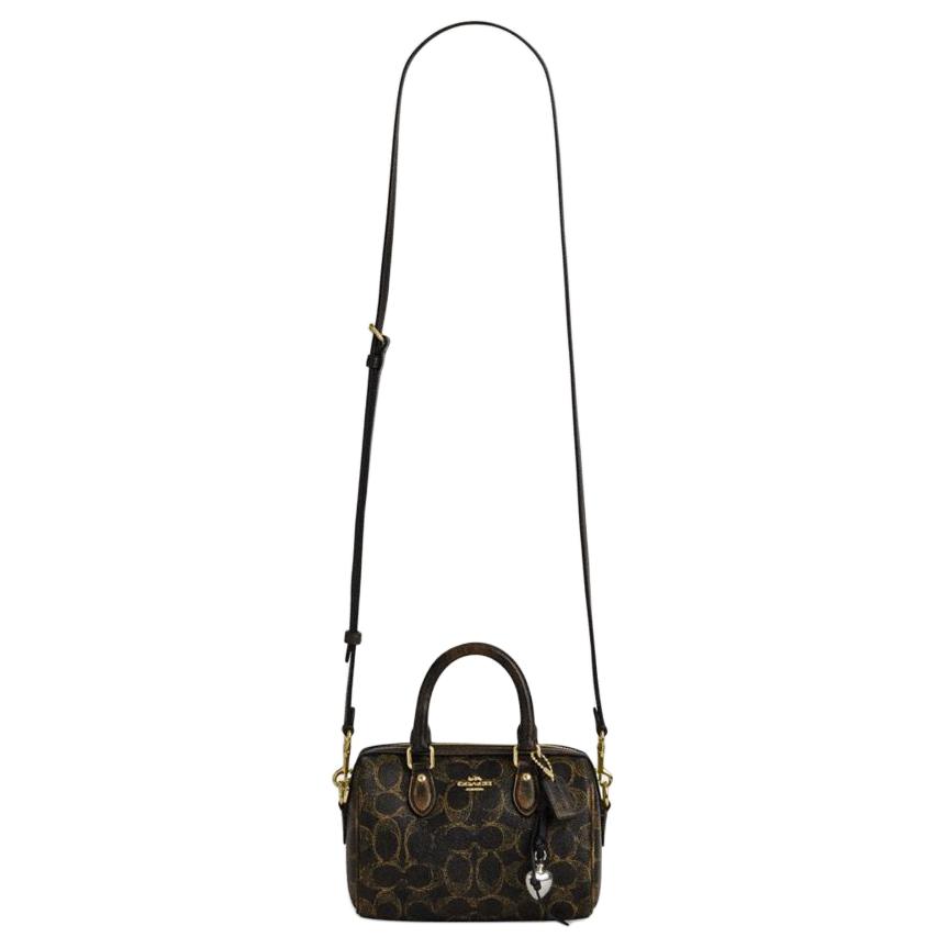 Coach Brown Signature Canvas Mini Rowan Duffle Bag with Leather Trim & Gold Hardware for Daily Use