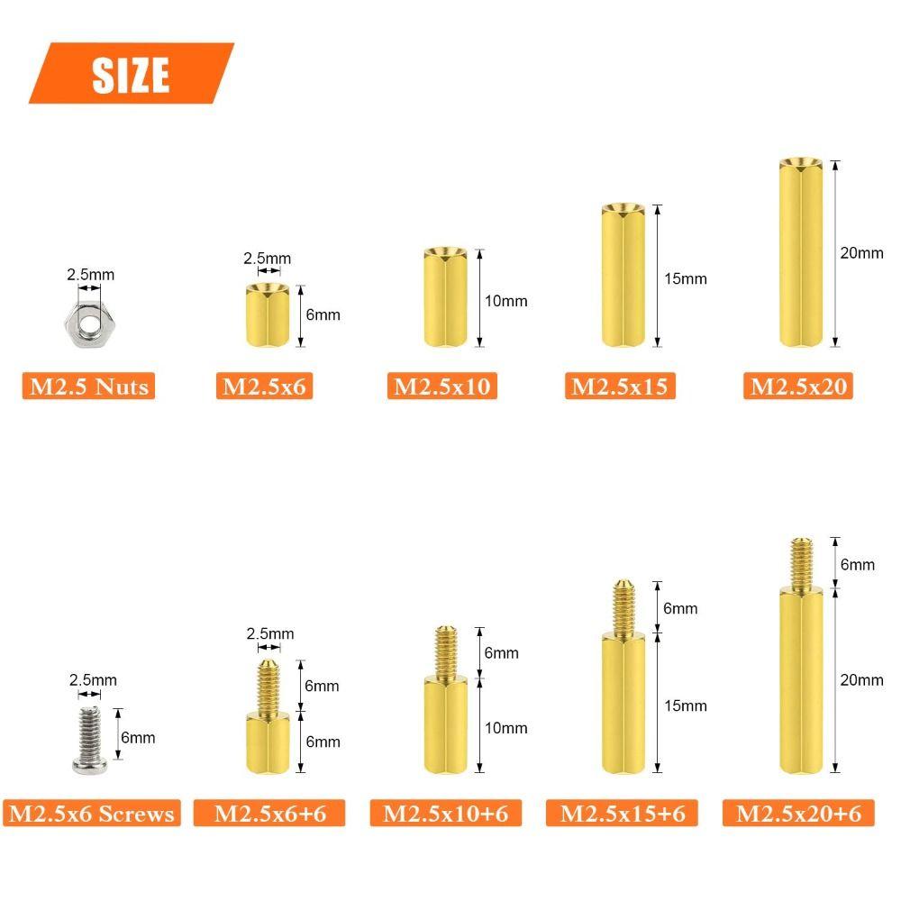 200 Pcs M2.5 Standoff Screw Nut Assortment Kit Gold Nut & Bolt Sets DIY Electronic Projects