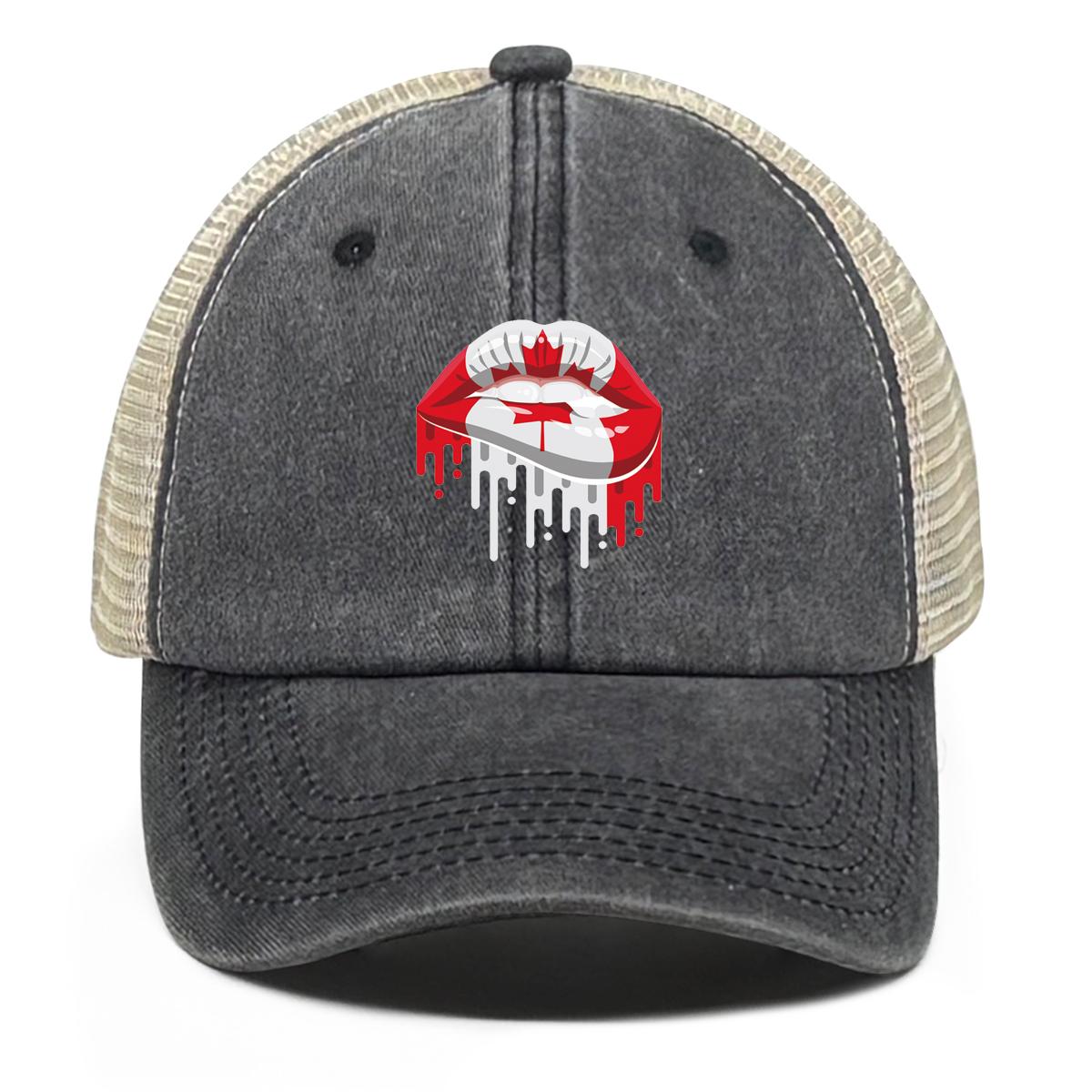 

Canada Flag Mouth Print Snapback Sun Hat, Patriotic Flat Cap Vintage-Inspired Retro Sun Visor Vintage Adjustable Mesh Cap as the picture чёрный