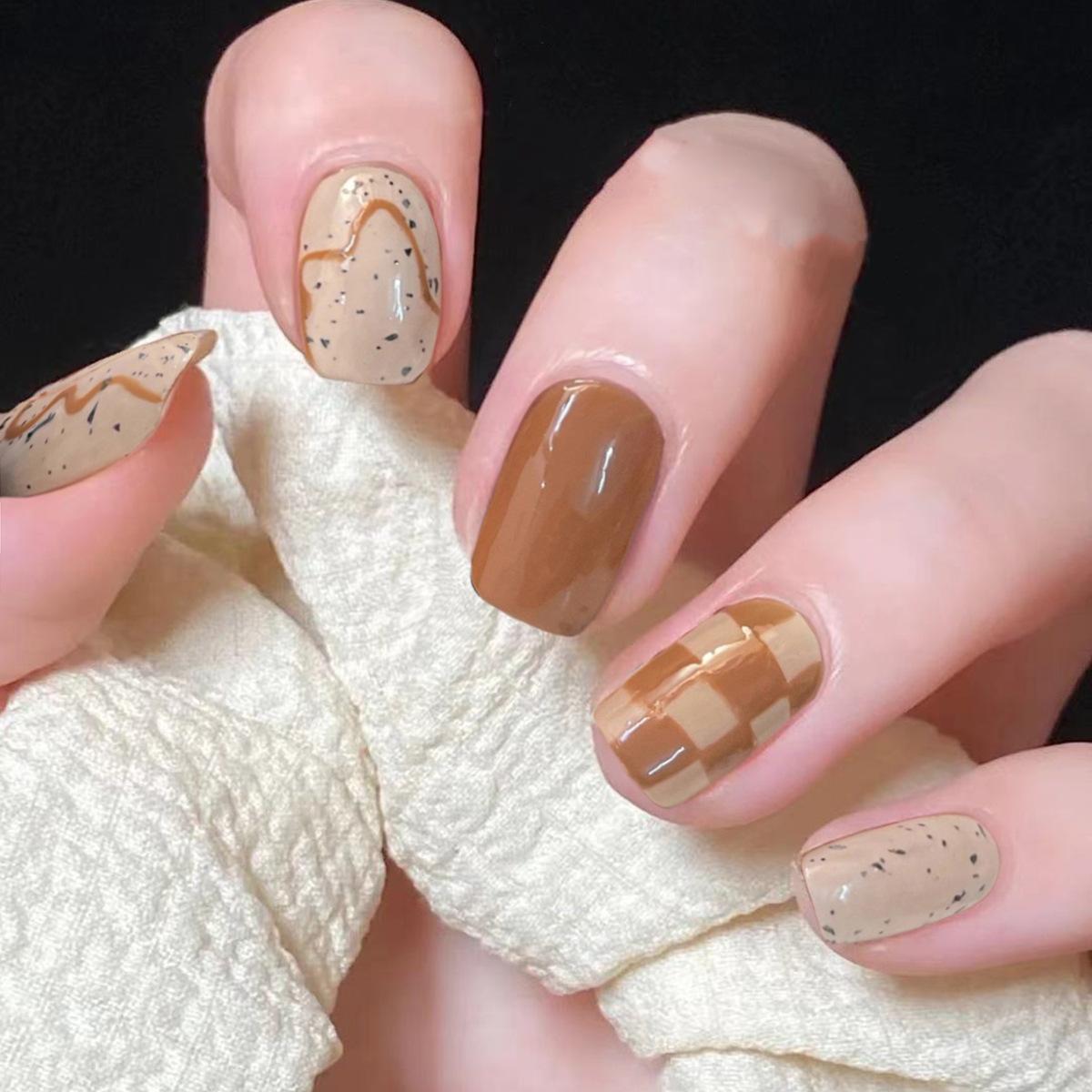 Autumn coffee checkerboard nail patch fake nail wear nail art finished nail patch waterproof removable nail piece