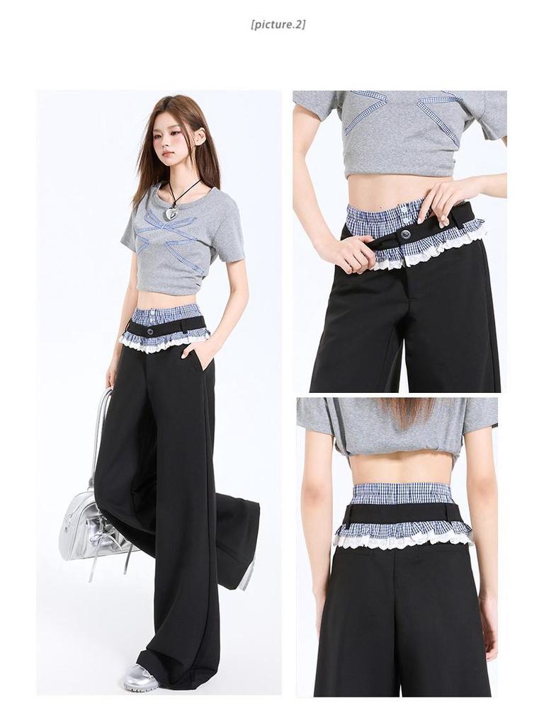 Plaid Patchwork Lace Double Waistband Wide-Leg Pants for Women - New 2025 Spring/Autumn Casual Long Pants