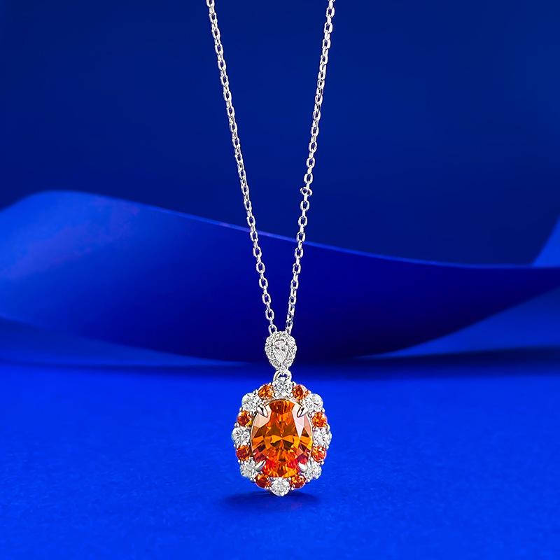 S925 Sterling Silver Sweet Fanta Orange Oval Pendant Necklace in European American Style S925 Silver