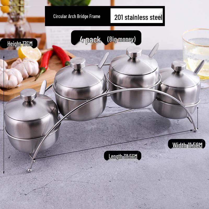 Gold Korean-Style Seasoning Jars, 201 Stainless Steel with Glass Lids On Tray, for Restaurant Use.