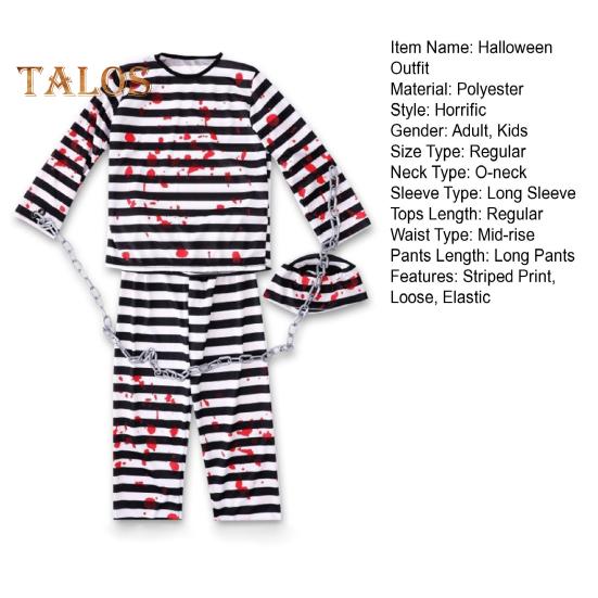 Set 4 Pezzi/Set Costume da Prigioniero per Adulti Bambini di Halloween con Stile Classico a Robe Stampa a Righe Role-Playing Top Pantaloni Cappello Set Catena