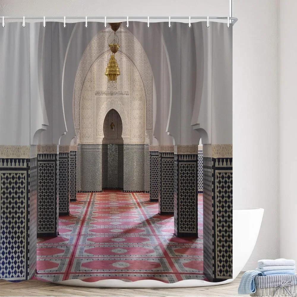 Moroccan Style Shower Curtains with Hooks, Vintage Architectural Plants, Polyester Fabric, Interior Decoration
