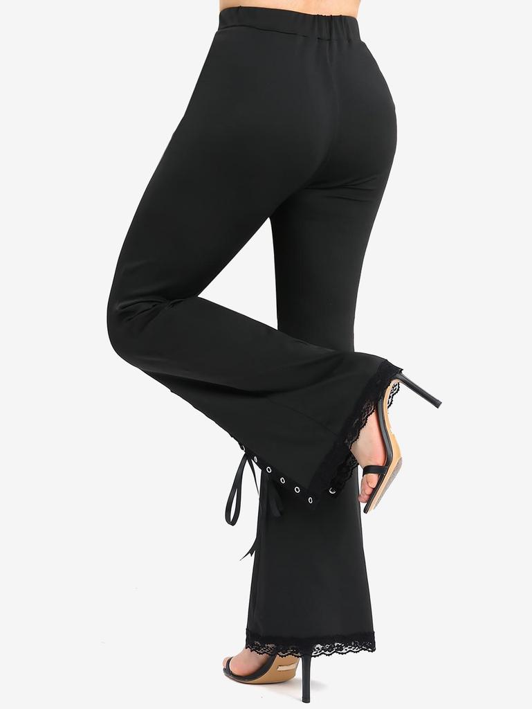 Rosegal Plus Size Lace Trim Lace-up Split Pockets Solid Flare Pants