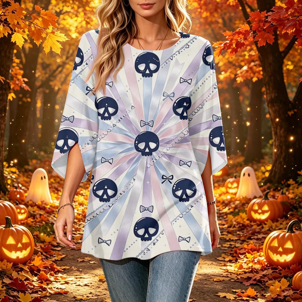 Women's Halloween Printed Casual Loose Fit Top with Round Neck and Three-Quarter Sleeves