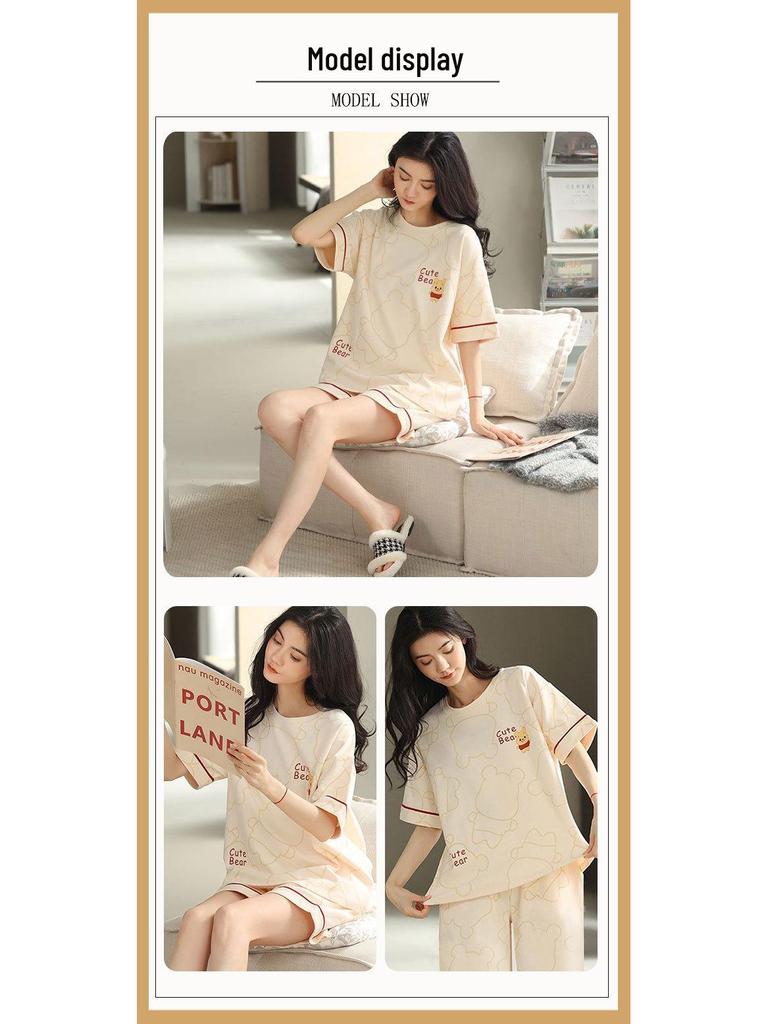 Women's Loose Summer Cartoon Pajama Set: Cute Short Sleeve Top & Long Pants for Spring/Autumn