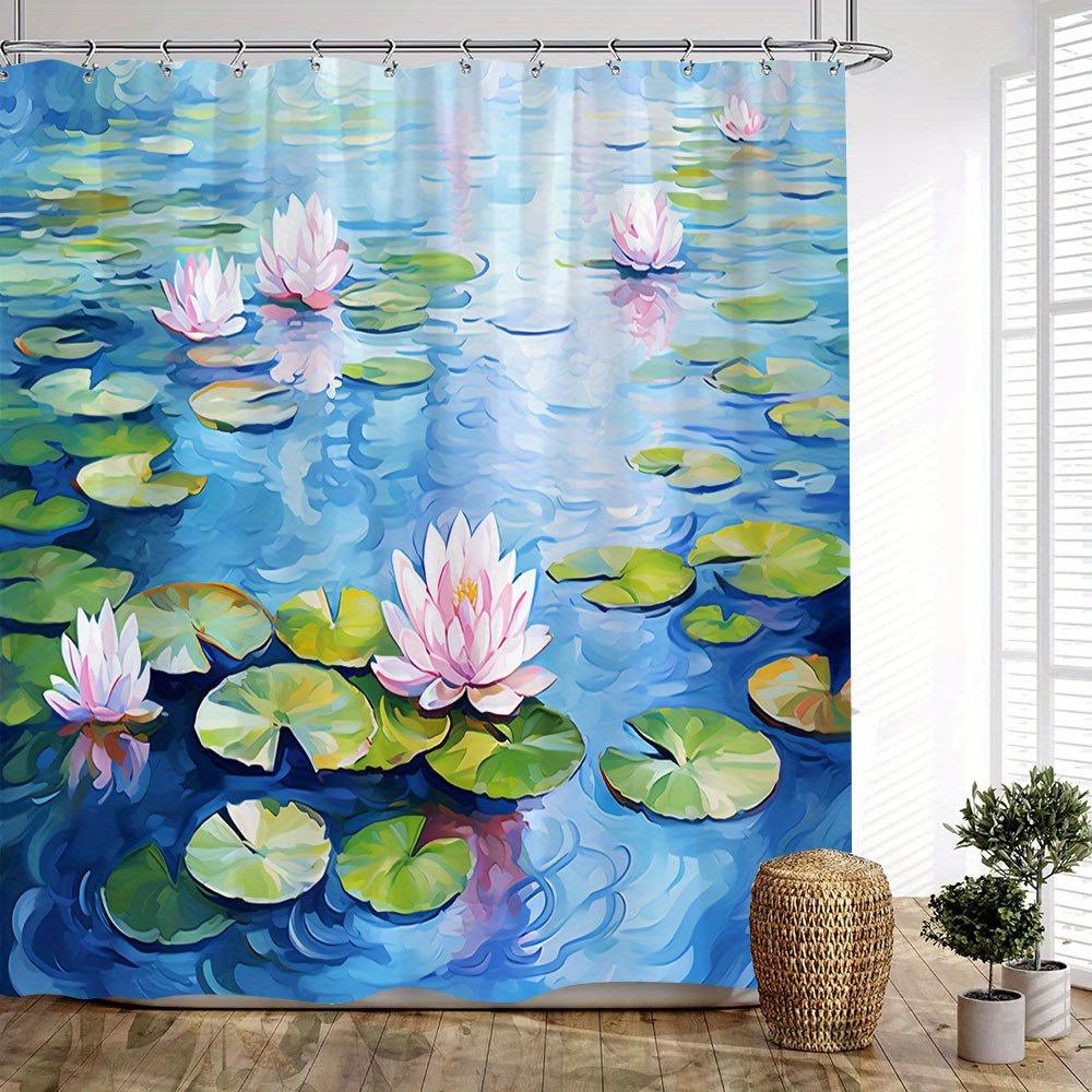 1Pc For Lotus Pond Bath Curtain - Impressionistic Watercolor Serene Scene With Pink Blooming Flowers & Lily Pads In Soft Blue