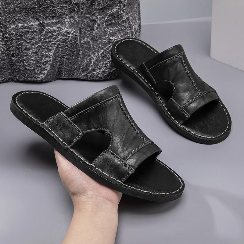 

Мужские тапочки ручной работы Простые шлепанцы Коричневые кожаные сандалии Черные летние римские сандалии С открытым носком Пляжная обувь Большой размер EU:45 чёрный