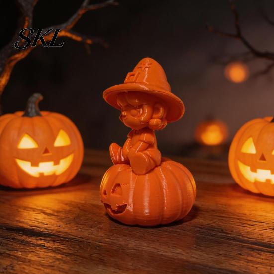 Halloween Entrance Decor 3D Printed Pumpkin Girl Figurine, Spooky Witch Statue, Desktop Sitting On Ornament for Party Decoration