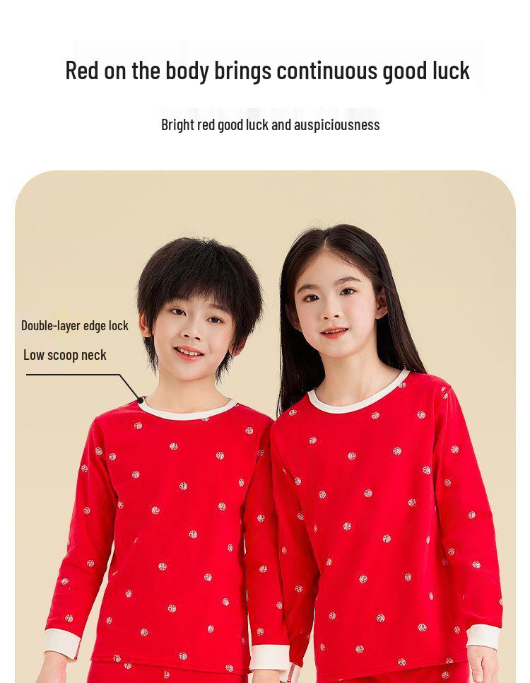 Children's Autumn/Winter Horse Year Red Long Johns Set - Pure Cotton Warm Pajamas