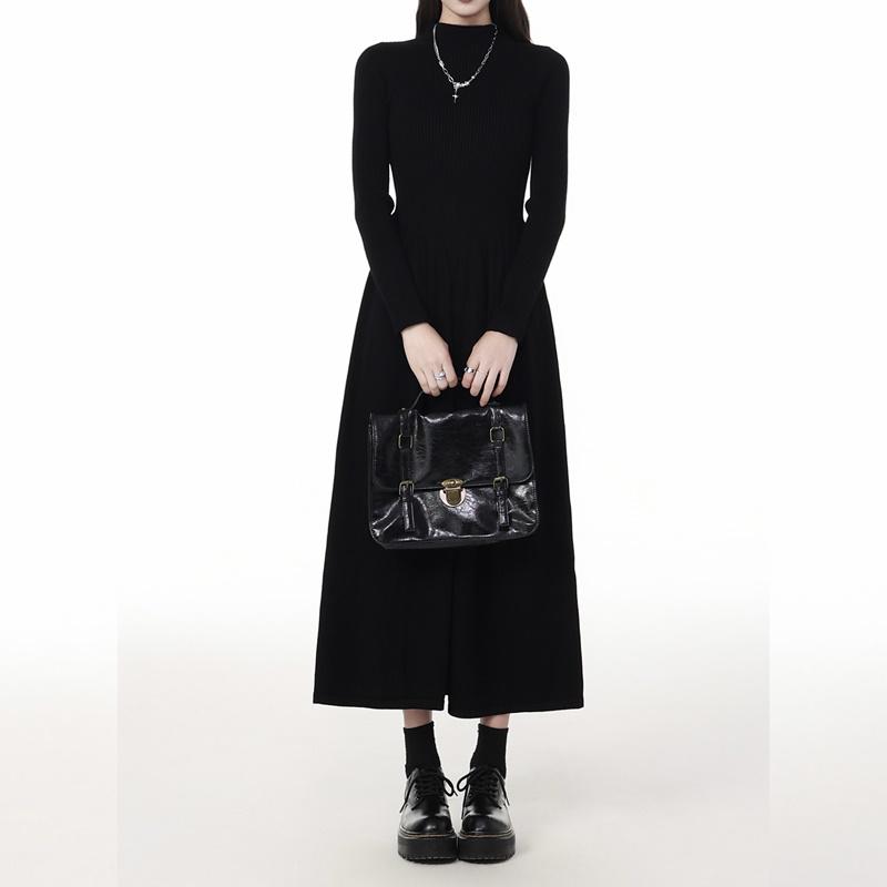 Women's Black High Neck Long Sleeve Bodycon Midi Dress - Petite Waist Slimming 2026 Spring Style