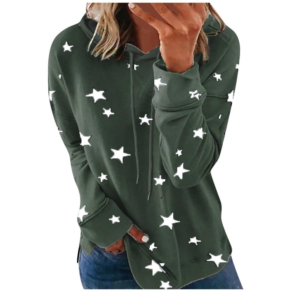 Women Fashion Hooded Star Print Patchwork Long Sleeves Tops Blouse Sweatshirt