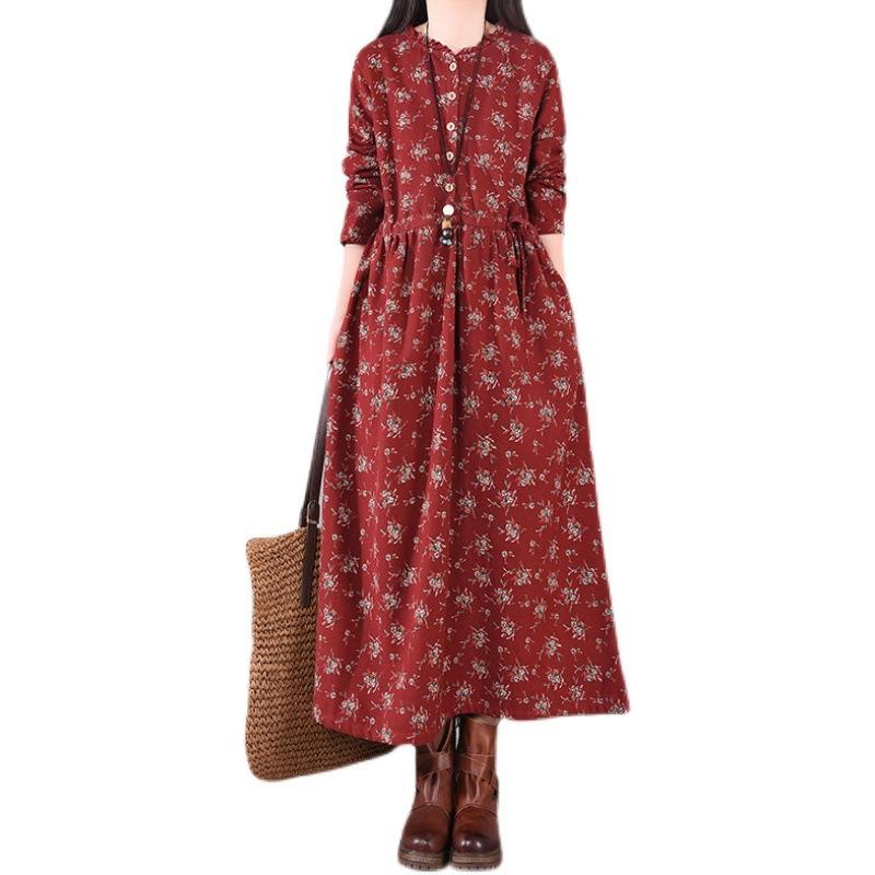 Printed round neck long-sleeved cotton and linen dress for women's 2025 spring and autumn new loose velvet retro floral dress