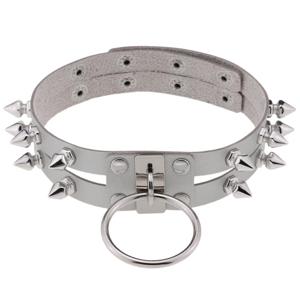 Double Line Rivet Spiked Choker, Cool Punk Hanging Ring Faux Leather Neckband