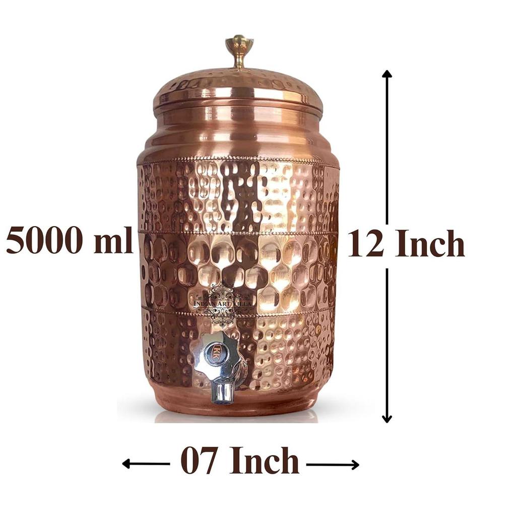 Copper Water Pot with Tap, Glass, and Stand, Diamond Hammered Design, Pure Copper for Storage and Serving Water, Ayurveda Benefits, 5 Liters