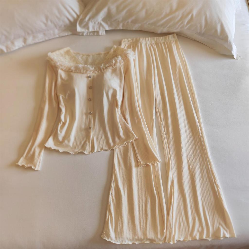 Women's Cotton Pajama Set: Long Sleeve, Lace Trim, Long Pants, Chest Pads, Sexy Style for Spring, Autumn, Winter.