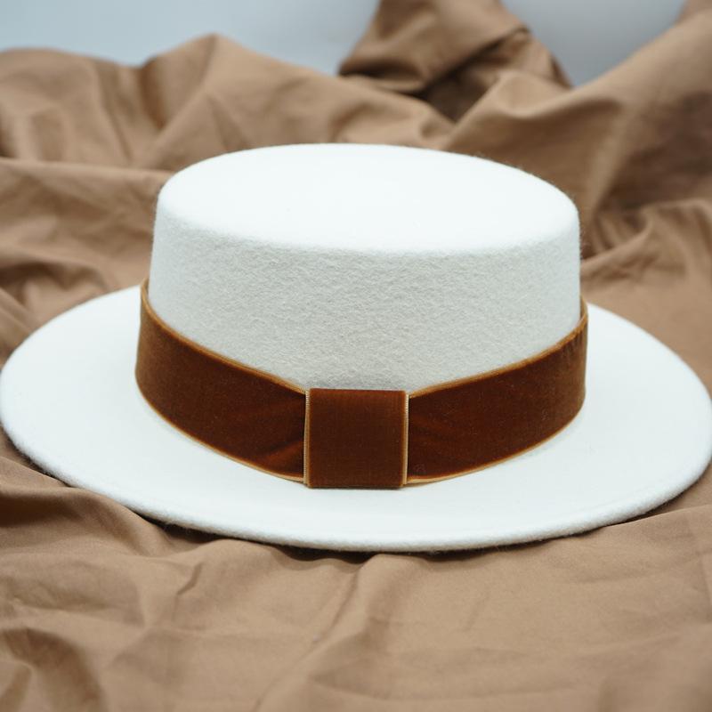 White Flat Top Small Brim Japanese French Retro British Elegant Velvet Woolen Top Hat Women'S Autumn And Winter Felt Hat