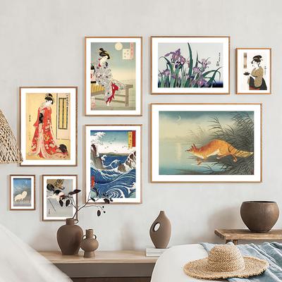 Γυναίκα Fox Cat Crane Surf Flower Ιαπωνικές αφίσες και εκτυπώσεις σε καμβά τοίχου για διακοσμητικές εικόνες για το σαλόνι