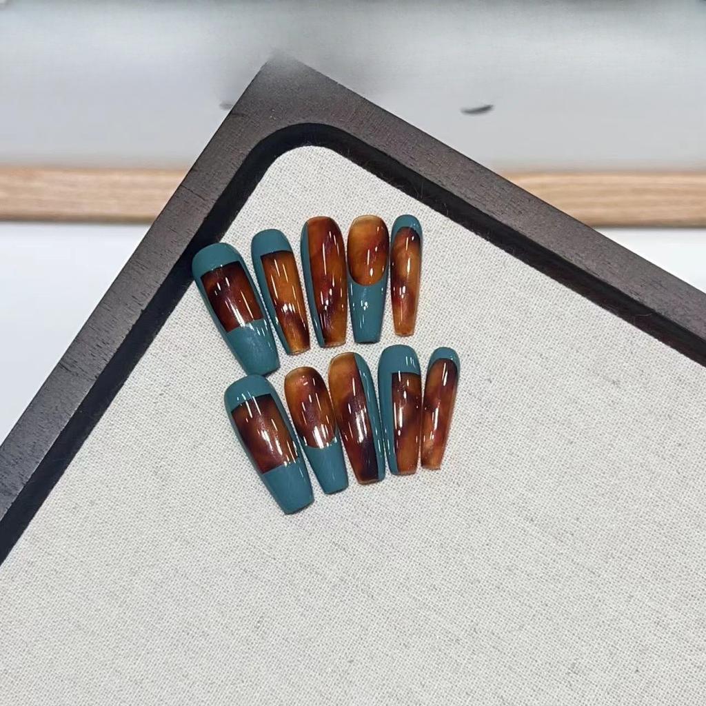 Reine Hand-Trage-Nägel High-End Marineblau Bernstein Französisch Falscher Nagel Patch Abnehmbar Wiederholendes Nageldesign