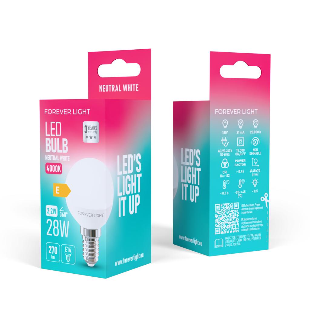 Forever Light Żarówka Led E14 G45 2.2W 270Lm 4000K Klasa E