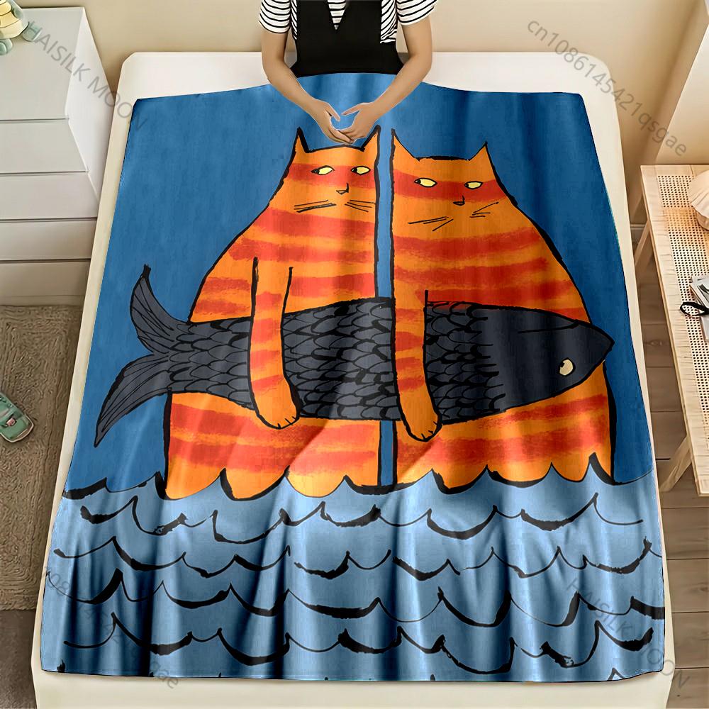 

Multi-size Two Cats One Fish Pattern Blanket Flannel Material Soft Warm for All Seasons Home Outdoor Camping Picnics Gifts 75x90cm