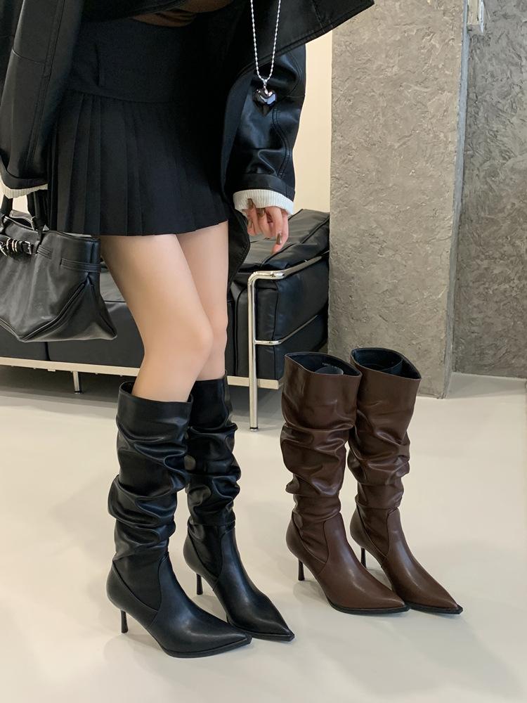 Pointed Thin Heel High Heel Stacking Boots 2025 Autumn and Winter New Medium Tube Women's Pleated Boots Martin Boots Long Boots